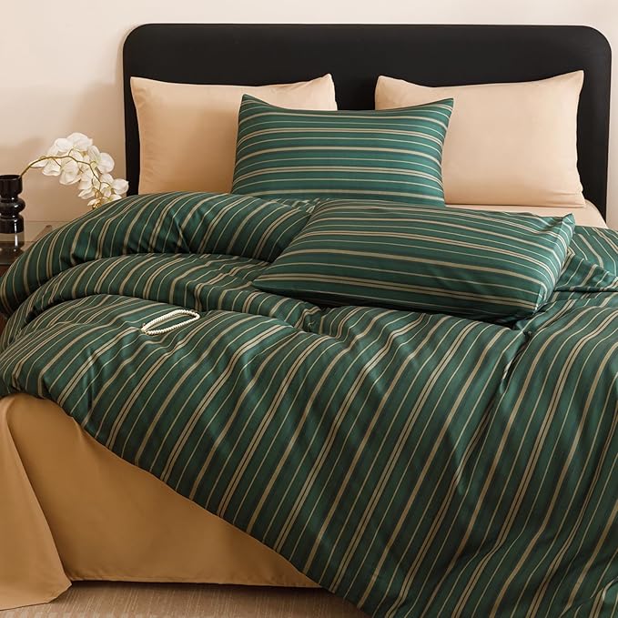 CLOTHKNOW Striped Comforter Set California King Green Bedding Comforter Sets Farmhouse Soft Ticking Comforter with 2 x Pillow Cases