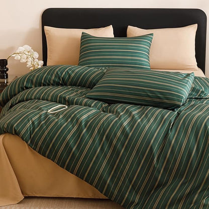 CLOTHKNOW Striped King Size Comforter Set 3Pcs Green Bedding Comforter Sets Farmhouse Ticking Comforter with 2 x Pillow Cases