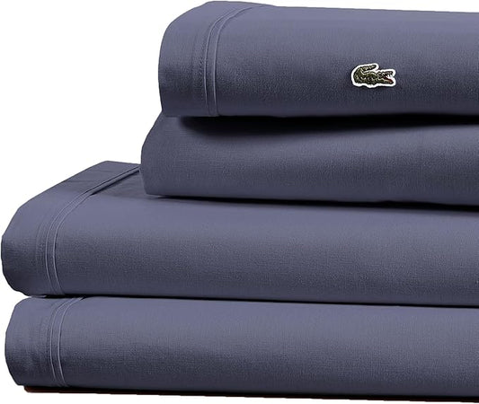Lacoste 100% Cotton Percale 3-Piece Sheet Set – Cool, Crisp, Matte, and Durable, Oeko-Tex Certified – Solid, Vintage Indigo, Twin