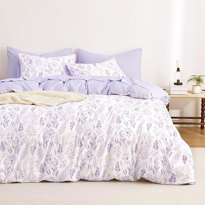 Wake In Cloud - Floral Duvet Cover Set, Botanical Vintage Flower Coquette Cottagecore Aesthetic for Women Teen Girls, Soft Lightweight Bedding, 3-Piece, Lilac, Full Size