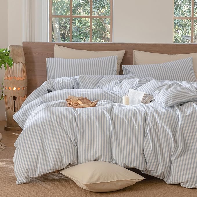 MooMee Striped Duvet Cover Set 100% Washed Cotton Linen Like Textured Breathable Durable Soft Comfy (Cornflower Blue White Classic Stripes, Super King Plus 120"x120")