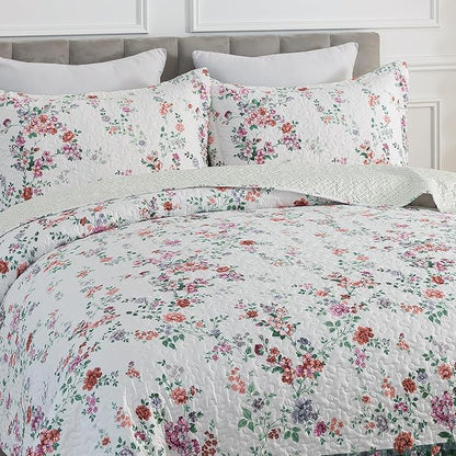 Travan 3-Piece Quilt Set Quilted Bedspread Lightweight Coverlet Set Garden Style Floral Printed Oversized Quilted Bedding Set with Shams for All Season, Exquisite, King Size