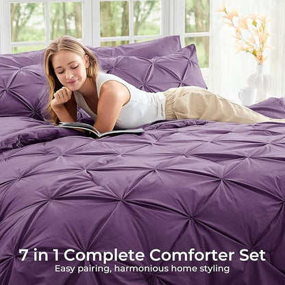 Sasttie Twin XL Comforter Set, 5-Piece Bed in a Bag, Pintuck Bedding Sets for All Season, Includes Comforter, Flat Sheet, Fitted Sheet, Pillowcase and Pillowsham, Grape Purple