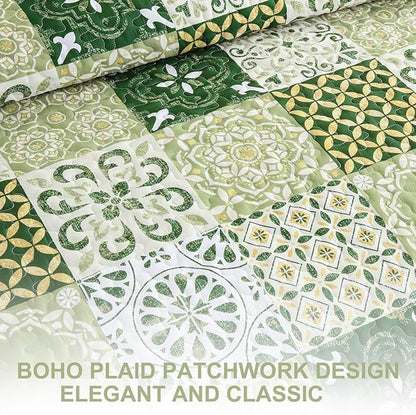 Dobuyly Green Quilt Set King Size, Boho Sage Green Plaid Patchwork Bedspreads Coverlet Set, 3 Pieces Soft Lightweight Microfiber Quilt Bedding Set for All Seasons 110"x90"