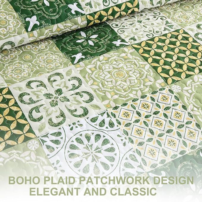 Dobuyly Green Quilt Set Queen Size, Boho Sage Green Plaid Patchwork Bedspreads Coverlet Set, 3 Pieces Soft Lightweight Microfiber Quilt Bedding Set for All Seasons 96"x90"