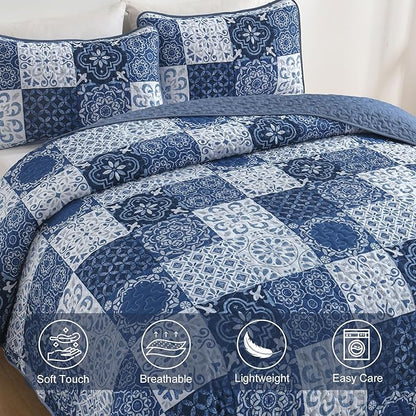 Dobuyly Boho Quilt Set Queen Size Navy Blue Plaid Patchwork Bedspread Coverlet Set, 3 Pieces Summer Quilt Bedding Set Soft Lightweight Navy Boho Farmhouse Bed Cover for All Seasons 96"x90"