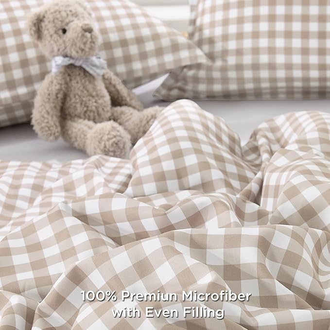 Andency Tan Gingham Comforter Set Full(79x90Inch), Brown Checkered Grid Plaid Buffalo Bed Set for Girls Boys Kids Teens, 3 Pieces Lightweight Polyester Geometric Preppy Bedding