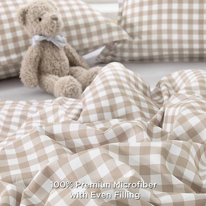 Andency Tan Gingham Comforter Set Full(79x90Inch), Brown Checkered Grid Plaid Buffalo Bed Set for Girls Boys Kids Teens, 3 Pieces Lightweight Polyester Geometric Preppy Bedding