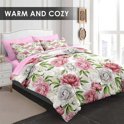 Valentine's Day Comforter Set Queen Size, Floral Botanical 7 Pcs Bedding for Kids and Adults, Peony Vintage Rose Bed Sheet Sets with Fitted Sheet 2 Pillowcases & 2 Shams for Bedroom Bed Decor