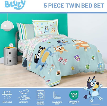 Jay Franco Kids Comforter Set Includes Sheets and Pillow Covers - Soft and Cozy Bed Set for Stylish Room Decor, Blue - Bluey 5 Piece Twin Size Bedding