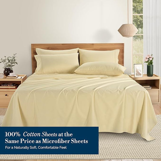 Casa Platino 100% Cotton Percale Sheet Queen – Crisp Queen Size Bed Sheets Cooling with 4 Pillowcases, Ultra Soft & Breathable for Great Nights Sleep, with 15" Deep Pocket Fitted Sheet – Beige