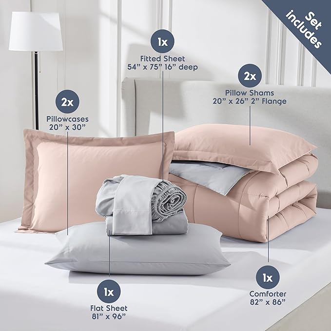 Nestl 7 Piece Full Comforter Set – Blush Pink Reversible Bed in a Bag – Complete Full Size Bedding Set with Sheets, Pillowcases and Shams