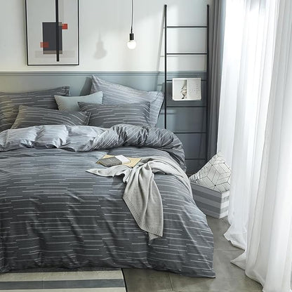 mixinni Full Size Comforter Set for Teen Modern Geometric Boys Grey Striped Printed Comforter Set Men Boys for All Season, 1 Soft Fluffy Comforter and Two Pillowcases-Full Size