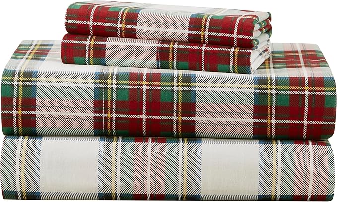 Comfort Spaces 100% Cotton Sheets Cal King, Breathable, Naturally Cool Cotton Sheets, Cotton Bed Sheets 14" Elastic Pocket Fits up to 16" Mattress, All Seasons Sheet Set, Scottish Plaid Red 4 Piece