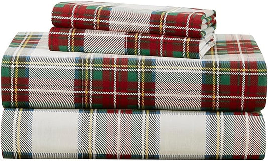 Comfort Spaces 100% Cotton Sheets Cal King, Breathable, Naturally Cool Cotton Sheets, Cotton Bed Sheets 14" Elastic Pocket Fits up to 16" Mattress, All Seasons Sheet Set, Scottish Plaid Red 4 Piece