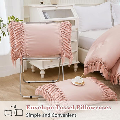 Andency Pink Comforter Set Queen, 3 Pieces Boho Tassel Lightweight Soft Bedding Comforter Sets, All Season Fluffy Fringe Bed Set (90x90In Comforter & 2 Pillowcases)