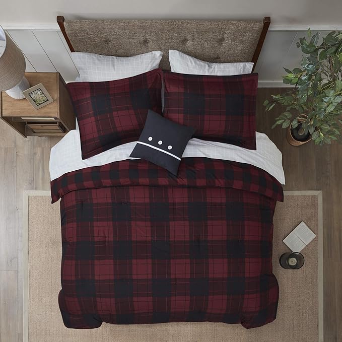 Madison Park Essentials Cozy Bed in A Bag - Reversible Comforter with Complete Sheet Set, Casual Plaid Cabin Design, All Season Cover, Decorative Pillow, Everest Plaid Red Twin(68"x86") 6 Piece