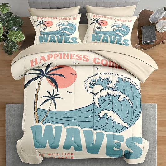 Comforter Set Full Size, Summer Beach Surf 7 Pcs Bedding for Kids and Adults, Vintage Board Palm Bed Sheet Sets with Fitted Sheet 2 Pillowcases & 2 Shams for Bedroom Bed Decor