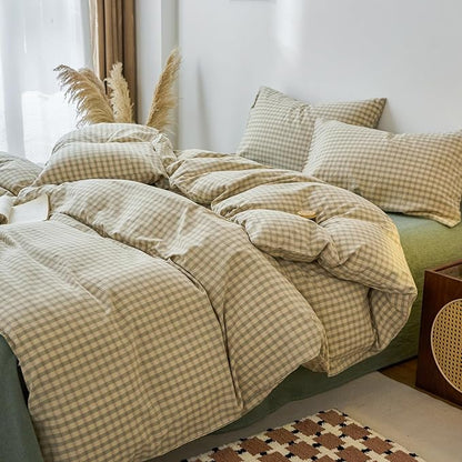 EAVD Vintage Style Green Plaid Duvet Cover Queen Soft 100% Washed Cotton Chic Checkered Gingham Bedding Set with 2 Pillowcases Farmhouse Green Gingham Duvet Cover with Zipper Closure