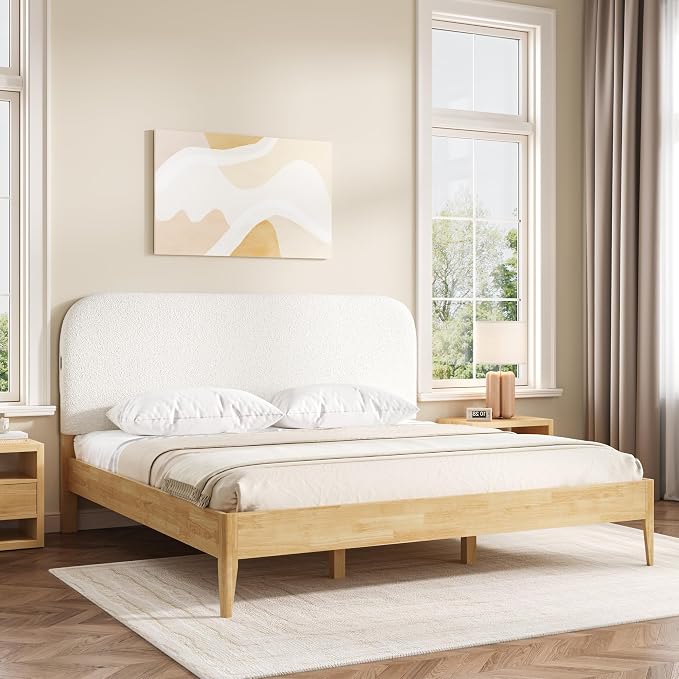 KISLOT Wood Bed Frame with USB & Type-C, Boucle Headboard, Cream, King | Platform Bed, Mattress Foundation, No Box Spring Needed, Easy Assembly