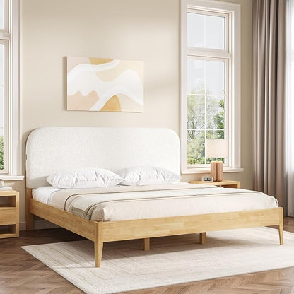 KISLOT Wood Bed Frame with USB & Type-C, Boucle Headboard, Cream, King | Platform Bed, Mattress Foundation, No Box Spring Needed, Easy Assembly