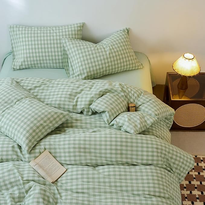EAVD Vintage Style Green&White Plaid Gingham Duvet Cover Full Soft 100% Washed Cotton Fresh Grid Checkered Gingham Bedding Set with 2 Pillowcases Farmhouse Green Plaid Duvet Cover with Zipper Closure