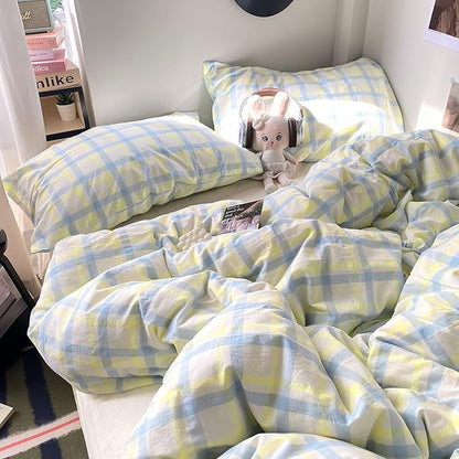 EAVD Buffalo Plaid Duvet Cover Twin Soft Washed Cotton Bedding Set Yellow Blue Grid Checkered Bedding Set with 2 Pillowcases Vintage Style Gingham Duvet Cover with Zipper Closure