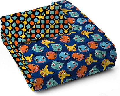 Northwest Pokémon Striped Favorites Quilted Throw Blanket – Oversized Blanket Featuring Pikachu, Charmander, Bulbasaur & Squirtle, Soft and Comfy for Bed, Couch, 60 x 80 Inches
