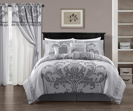 Chezmoi Collection 7-Piece Jacquard Floral Comforter Set (King, Silver/Gray)