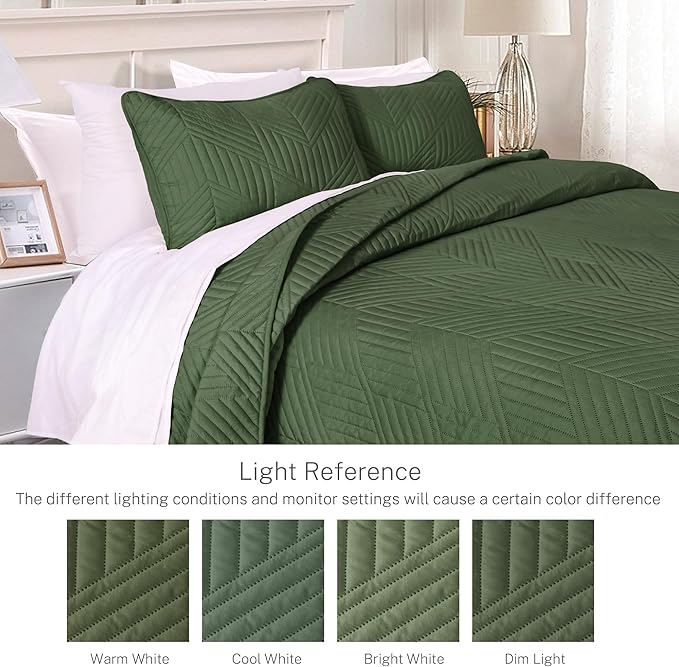 Exclusivo Mezcla Ultrasonic Twin Quilt Bedding Set, Lightweight Olive Green Bedspreads Soft Modern Geometric Coverlet Set for All Seasons (1 Quilt and 1 Pillow Sham)