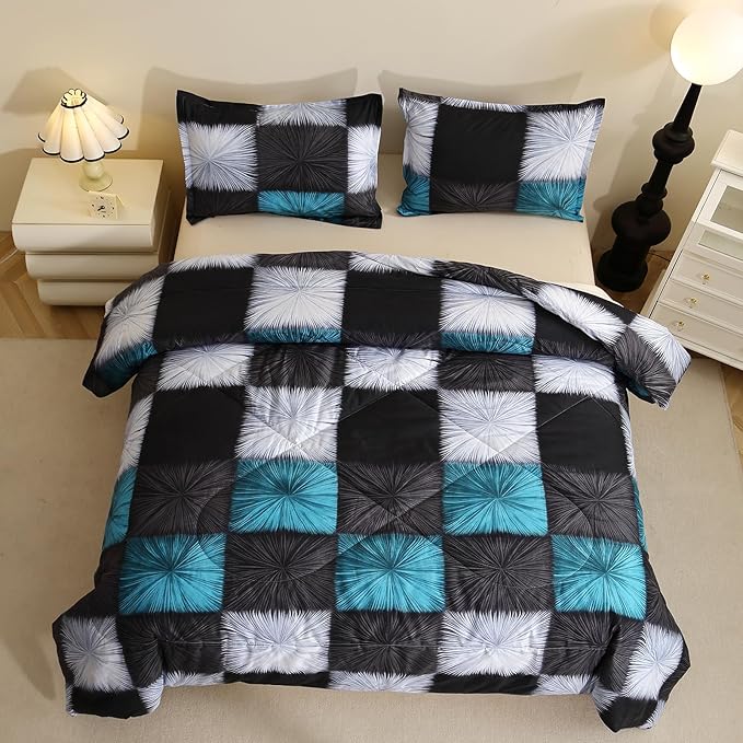 Caressma Black and White Checkered Comforter Bedding Set, 3 Pieces Full Size Blue White Plaid Comforter Set, Fluffy Black Grid Home Decor for All Seasons
