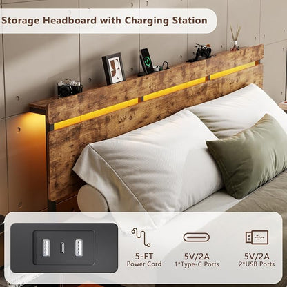 Forestell King Size Bed Frame with Wood Headboard,3 Storage Drawers & Shelf | Built-in Charging Station & LED Lights, Metal Support, No Box Spring Needed, noise-free, easy assembly, Smart RGB, USB+Type-C