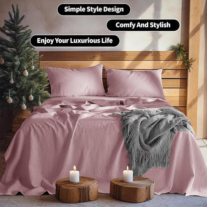 LBRO2M 100% Pure Linen Sheet Set Deep Pocket Up to 16" Bed Sheets Sets, Natural Flax Beddings Soft, Breathable, Comfortable for All Seasons 4 Pcs Sheet Set California King Size, Embroidery Purple