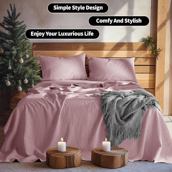 LBRO2M 100% Pure Linen Sheet Set Deep Pocket Up to 16" Bed Sheets Sets, Natural Flax Beddings Soft, Breathable, Comfortable for All Seasons Twin XL Size, Embroidery Purple