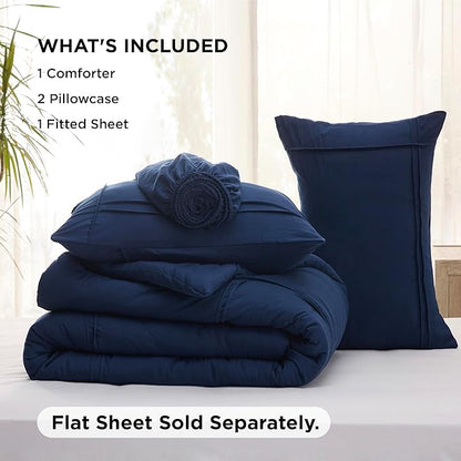 Bedsure Full Comforter Set with Sheet - 4 Pieces Soft Navy Blue Bedding, Grid Pinch Pleat, All Season Lightweight Fluffy Bed Set with Solid Boho Comforter, Pillowcases & Sheet