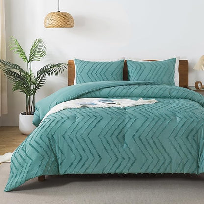 Andency Grayish Teal Comforter Set King Size, Boho Soft Warm Tufted Bedding Comforter Sets for King Size Bed, 3 Pieces Aesthetic Chevron Farmhouse Cute Bohemian Textured Bedding Set