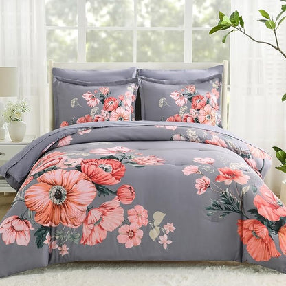 Queen Comforter Set - 7 Pieces Bed in a Bag Dark Grey Floral Queen Comforter Set with Sheets, Soft Microfiber Flower Complete Bedding Set for All Seasons（Dark Grey,90"x90"）