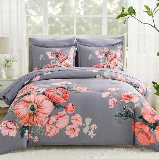 Queen Comforter Set - 7 Pieces Bed in a Bag Dark Grey Floral Queen Comforter Set with Sheets, Soft Microfiber Flower Complete Bedding Set for All Seasons（Dark Grey,90"x90"）