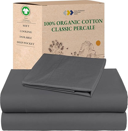 California Design Den Extra Long Twin Sheets Set - Soft 100% Organic Cotton, Crisp Percale, Twin XL Sheet Sets with Deep Pockets, Crisp, Breathable & Durable Bedding, Dorm Essentials for Guys - Grey