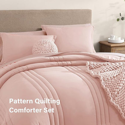 Monbix Queen Comforter Set - 7 Pieces Light Pink Bed in a Bag Queen Bedding Sets with Comforters, All Seasons Comforter Bed Set with Sheets, Pillowcases & Shams