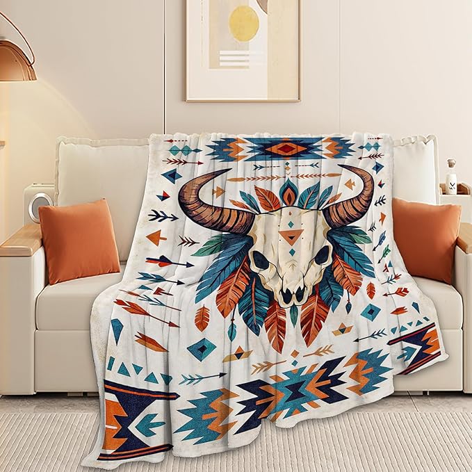 Western Cattle Skull Blanket Super Soft Warm Fluffy Fleece Flannel Throw Blanket Cozy Fuzzy Plush Stuff Bedding Blankets Gifts for Women Kids Boys Girls Adults 60"X50"