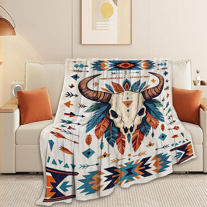 Western Cattle Skull Blanket Super Soft Warm Fluffy Fleece Flannel Throw Blanket Cozy Fuzzy Plush Stuff Bedding Blankets Gifts for Women Kids Boys Girls Adults 50"X40"
