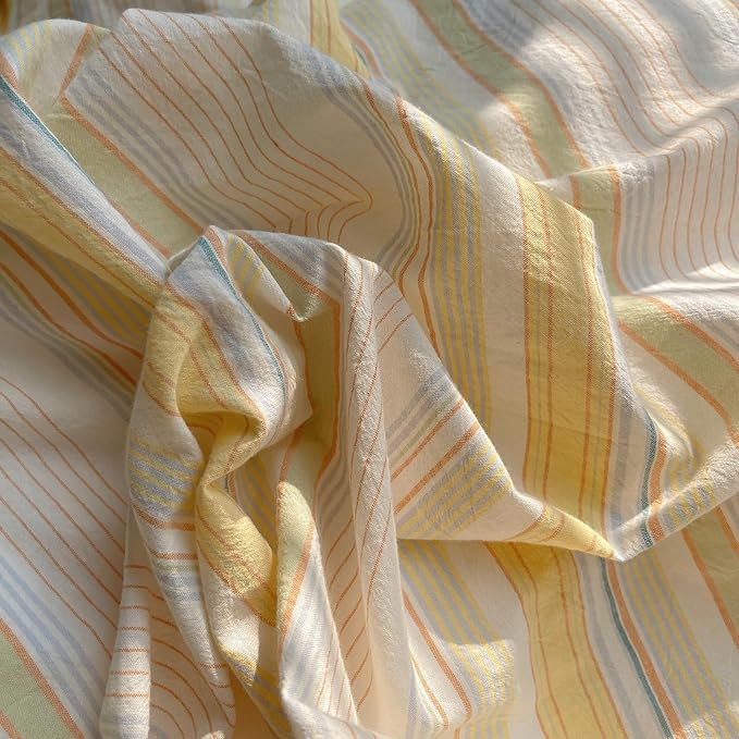 Yellow Striped Duvet Cover Twin XL, 100% Washed Cotton Multicolor Stripes Pattern Printed Comforter Cover, 3 Pieces Breathable Duvet Cover with 2 Pillowcases, Soft Farmhouse Striped Bedding Set
