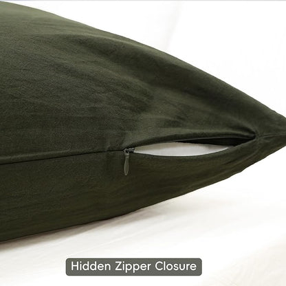 MooMee Body Pillow Cover Pillowcase with Zipper 100% Washed Cotton Linen Like Textured Breathable Durable Soft Comfy (Olive Green, 21”x54”, 1PC)
