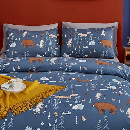 CLOTHKNOW Kids Comforter Set Twin Blue Animal Woodland Bedding Sets Cartoon Forest Fox Rabbit Comforter with 2 x Pillow Cases
