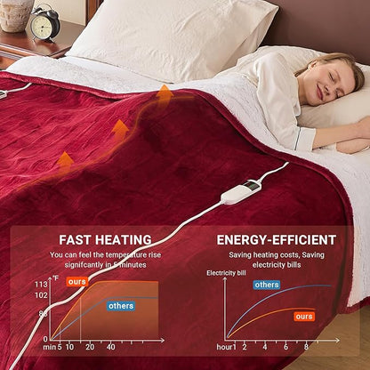 Electric Heated Blanket Twin Size 62''x84'' Soft Flannel & Sherpa Electric Blanket with 10 Heating Levels, Automatically Shut Down After 8h with Overheat Protection Machine Washable