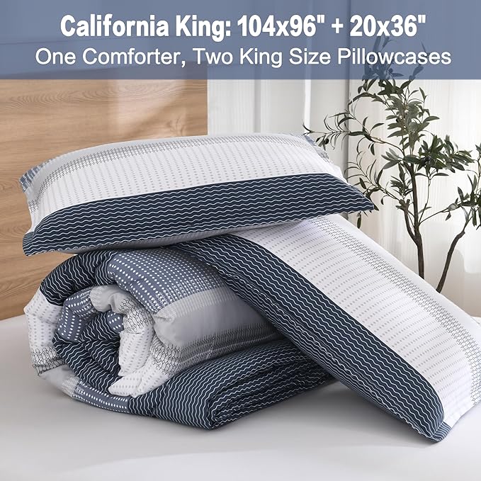 Litanika Comforter Set, Lightweight Colorblock Stripes Bedding Comforter Set, Fluffy Down Alternative Bed Set, Black Blue, California King