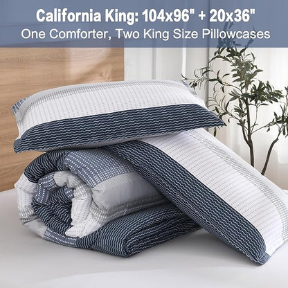 Litanika Comforter Set, Lightweight Colorblock Stripes Bedding Comforter Set, Fluffy Down Alternative Bed Set, Black Blue, California King