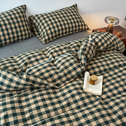 EAVD Vintage Style Beige&Green Plaid Duvet Cover Set Full 100% Washed Cotton Like Linen Feel Soft Grid Checkered Bedding Set with 2 Pillowcases Farmhouse Geometric Pattern Duvet Cover with Zipper