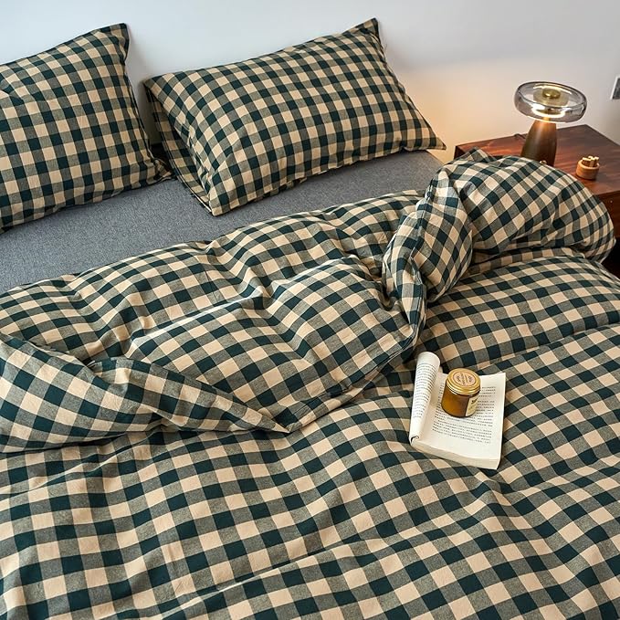 EAVD Vintage Style Beige&Green Plaid Duvet Cover Set Twin 100% Washed Cotton Like Linen Feel Soft Grid Checkered Bedding Set with 2 Pillowcases Farmhouse Geometric Pattern Duvet Cover with Zipper